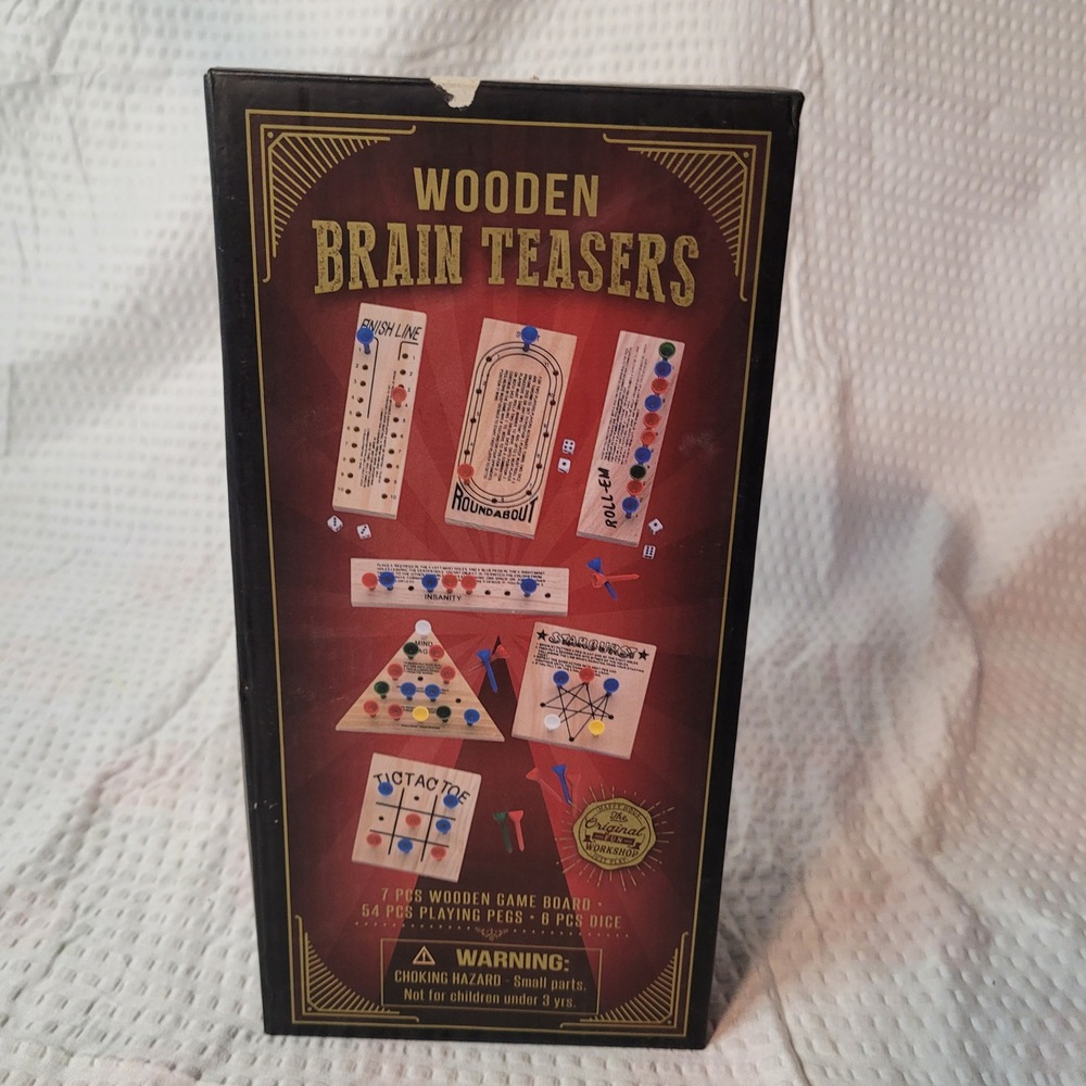 Wooden Brain Teasers 7 Piece Game Set Tic Tac Toe Mind Magic Roundabout Dice Peg